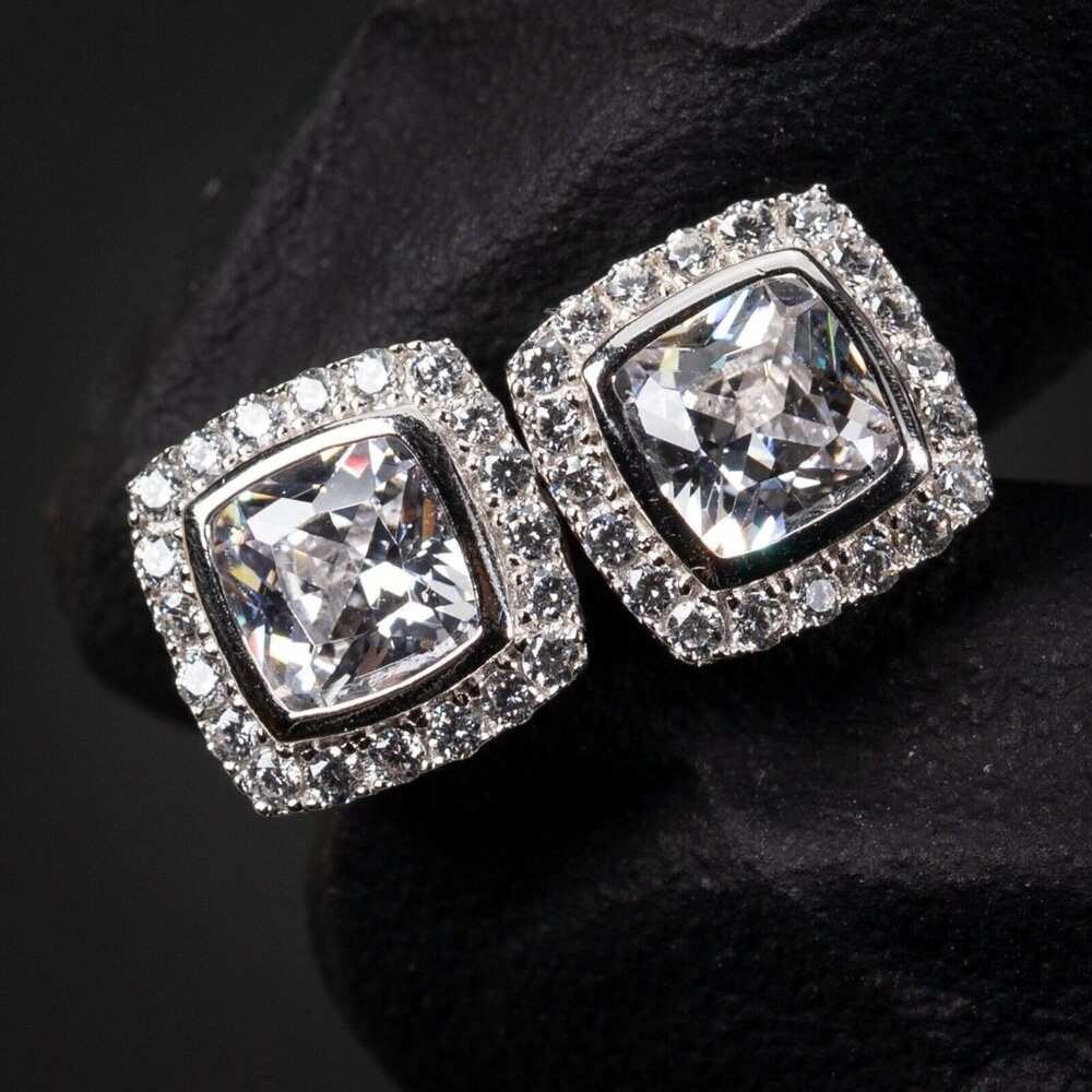 Men's Square Halo Iced Cushion Cut Cz Sterling Silver Hip Hop Stud Earrings